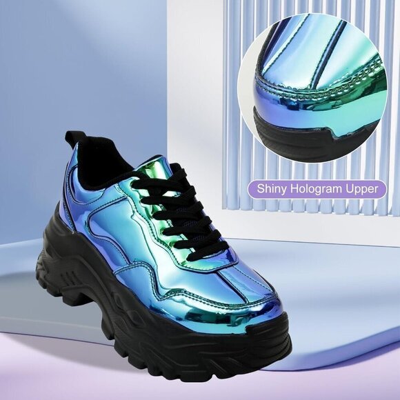 Niluber Tennis Shoes Women Size (6-8) Blue Hologram KPU Chunky Sneakers . - Picture 4 of 7